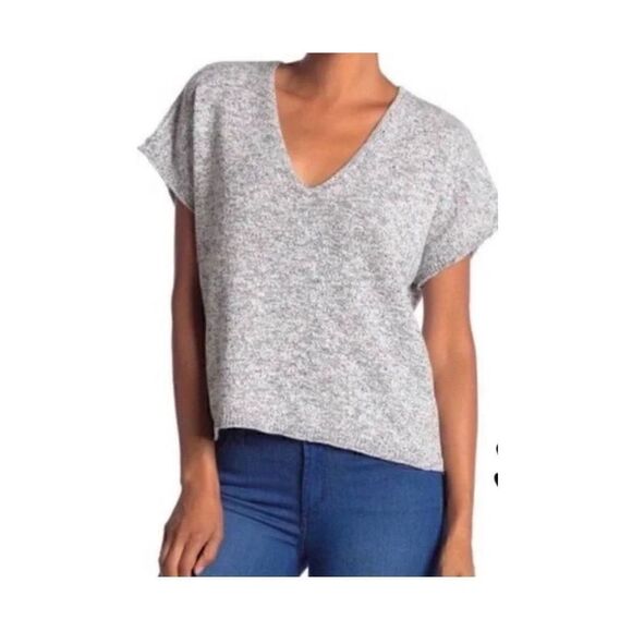 Madewell Grey / Black Marled Knit V Neck Cropped Top Sweater Tee Size S Winter - Picture 2 of 7